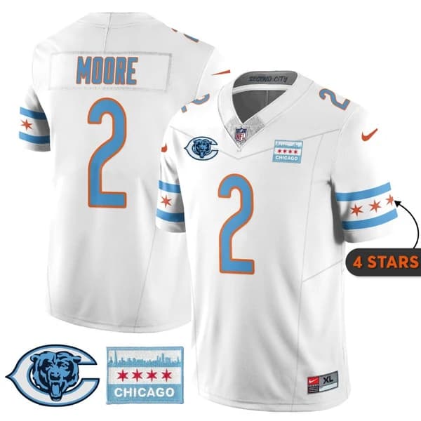 Men's Chicago Bears #2 D.J. Moore White City Edition F.U.S.E. With Chicago Flag Vapor Untouchable Limited Stitched Football Jersey